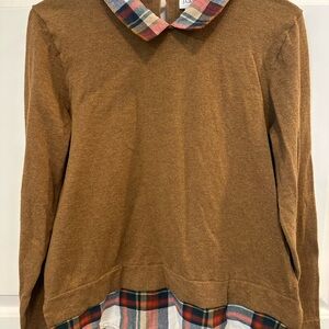 J.Crew Brown Sweater w/ Plaid Shirt Hem & Collar Layered Look Top